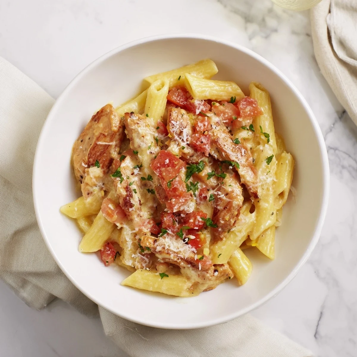 Creamy chicken pasta: a photo of the finished dish, ready to be served and enjoyed, garnished with fresh herbs.