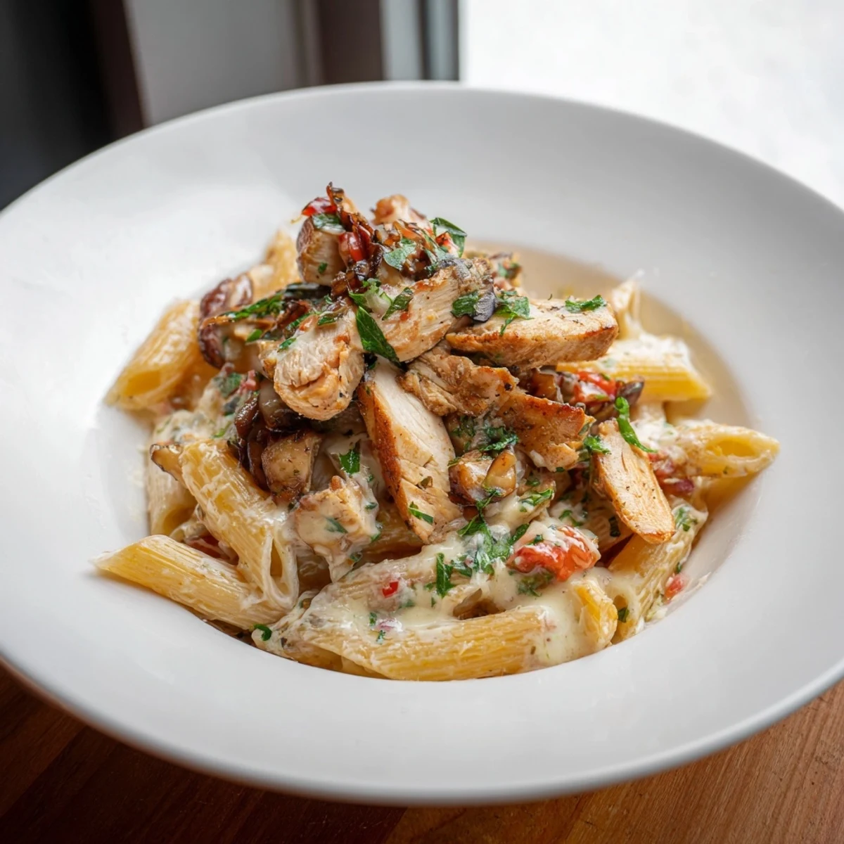 This creamy chicken pasta displays tender chicken in a rich, garlicky cream sauce with a parmesan cheese topping.