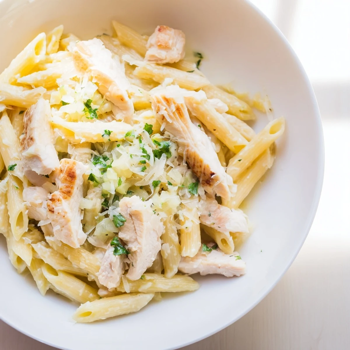 Imagine a bowl of creamy chicken pasta: a delicious, comforting meal, perfect for a cozy dinner.