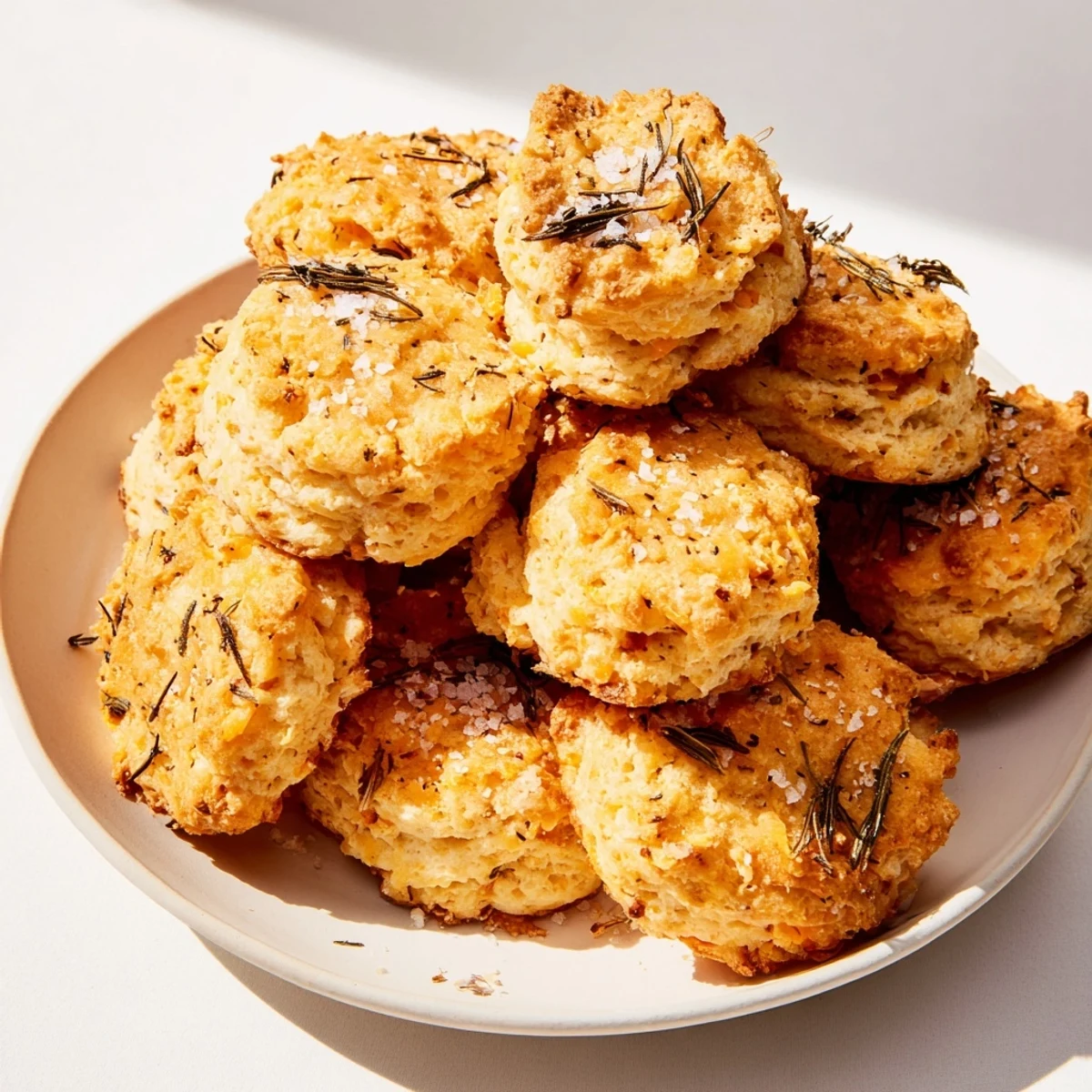 Golden-brown savory biscuits, fresh from the oven, with flecks of cheddar cheese and herbs.