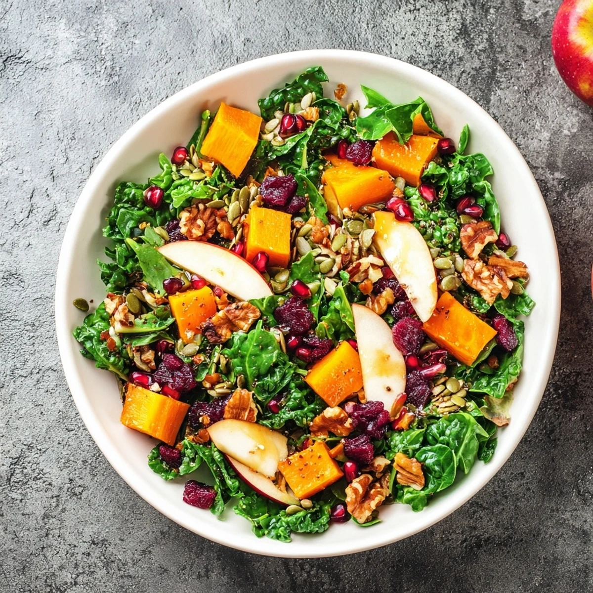 Vibrant winter salad with roasted squash, apples, and goat cheese, ready to enjoy.