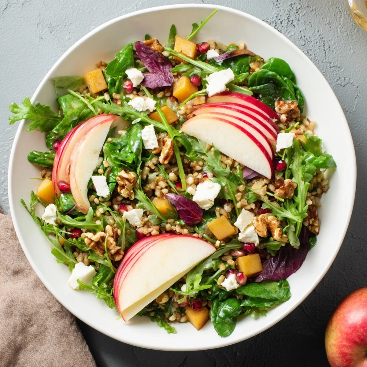 A delicious, colorful winter salad featuring seasonal produce and crunchy walnuts, ready to eat.