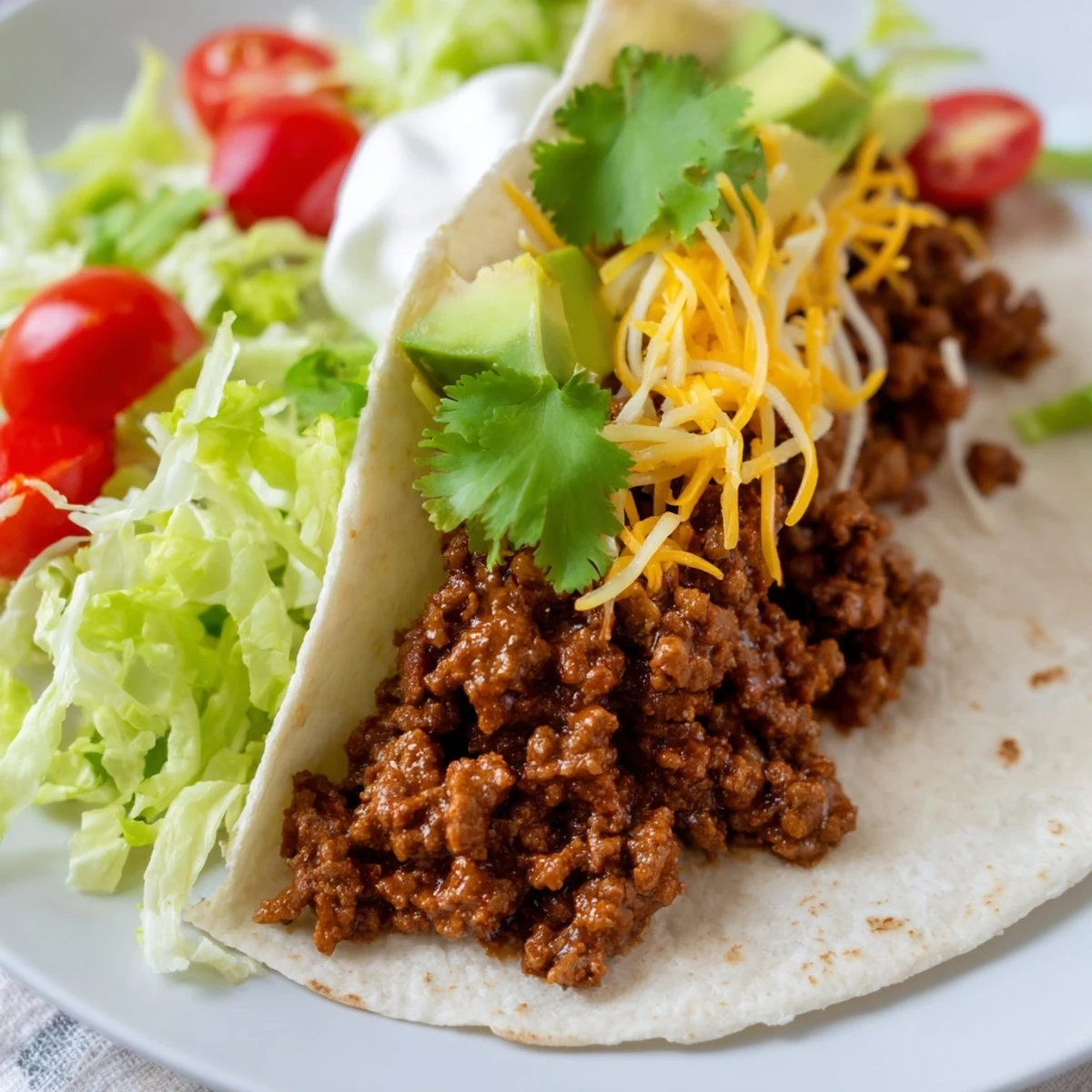 Spicy Beef Tacos piled high, sizzling with spiced ground beef and fresh toppings for a quick dinner.