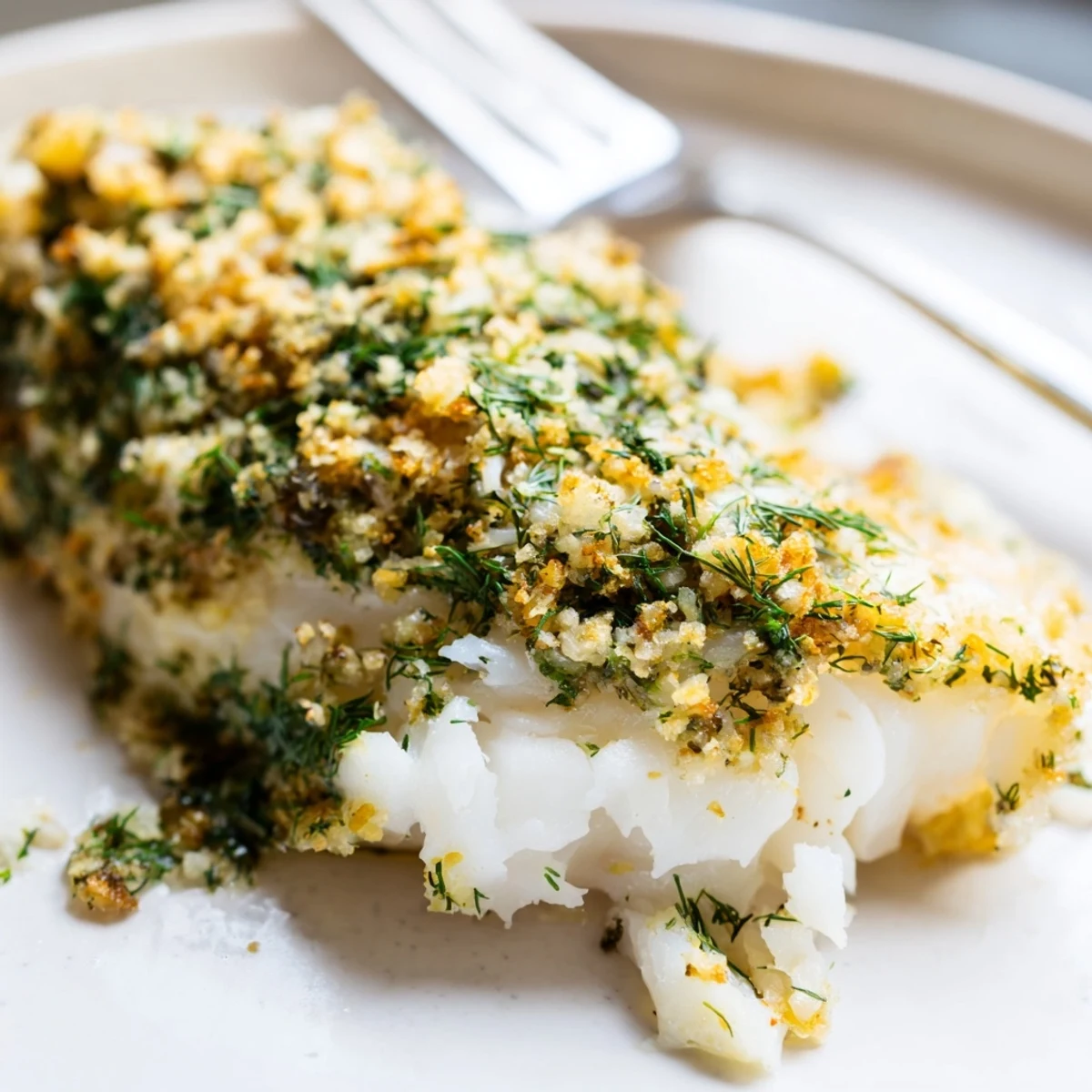 Freshly baked cod, topped with a flavorful lemon herb crumb, offers a savory and bright taste.