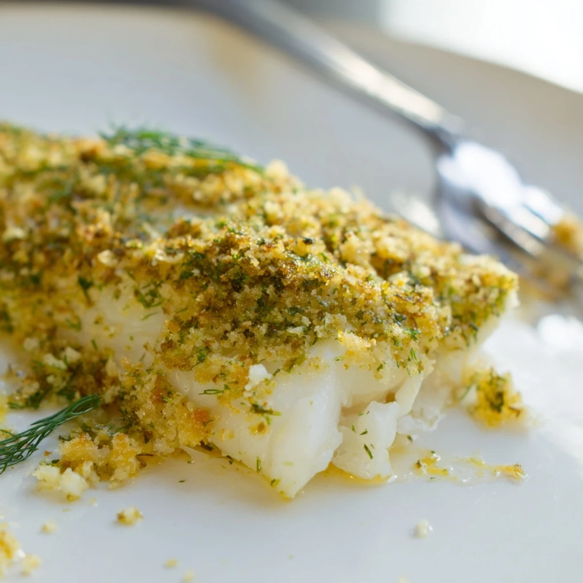 Flaky baked cod with a golden lemon herb butter crumb, ready to serve with lemon wedges.