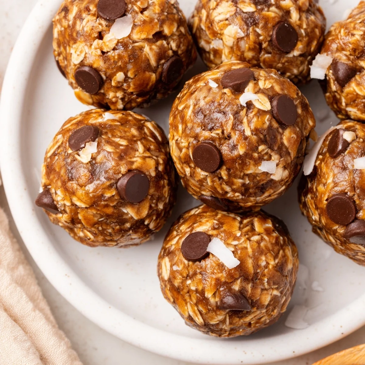 Vibrant photo shows many chocolate peanut butter energy balls, ready for easy snacking.