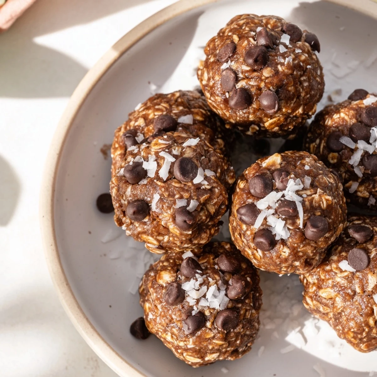 Close-up of freshly made chocolate peanut butter energy balls, perfect post-workout fuel.