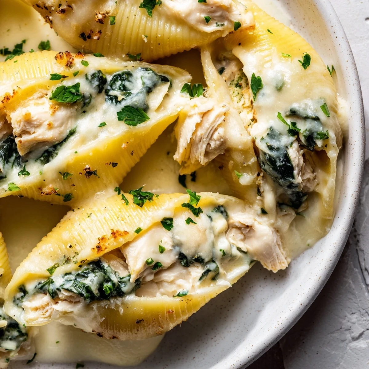Golden bubbly Chicken Alfredo Stuffed Shells, a comforting dish with spinach and melted cheese on top.