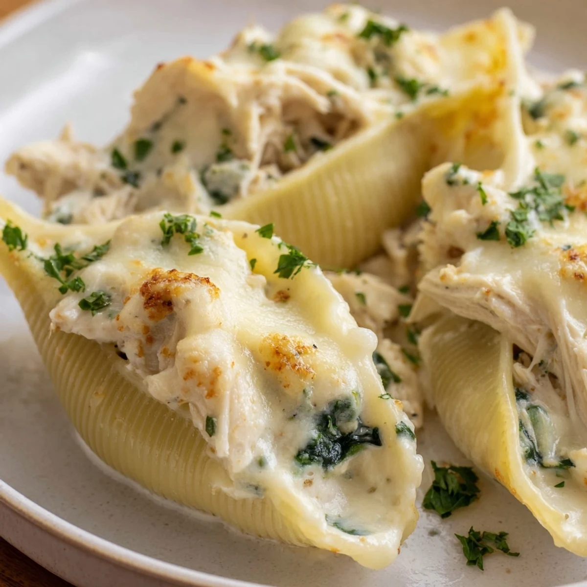 Creamy Chicken Alfredo Stuffed Shells, steaming hot, filled with chicken, oozing cheese, perfect for dinner.