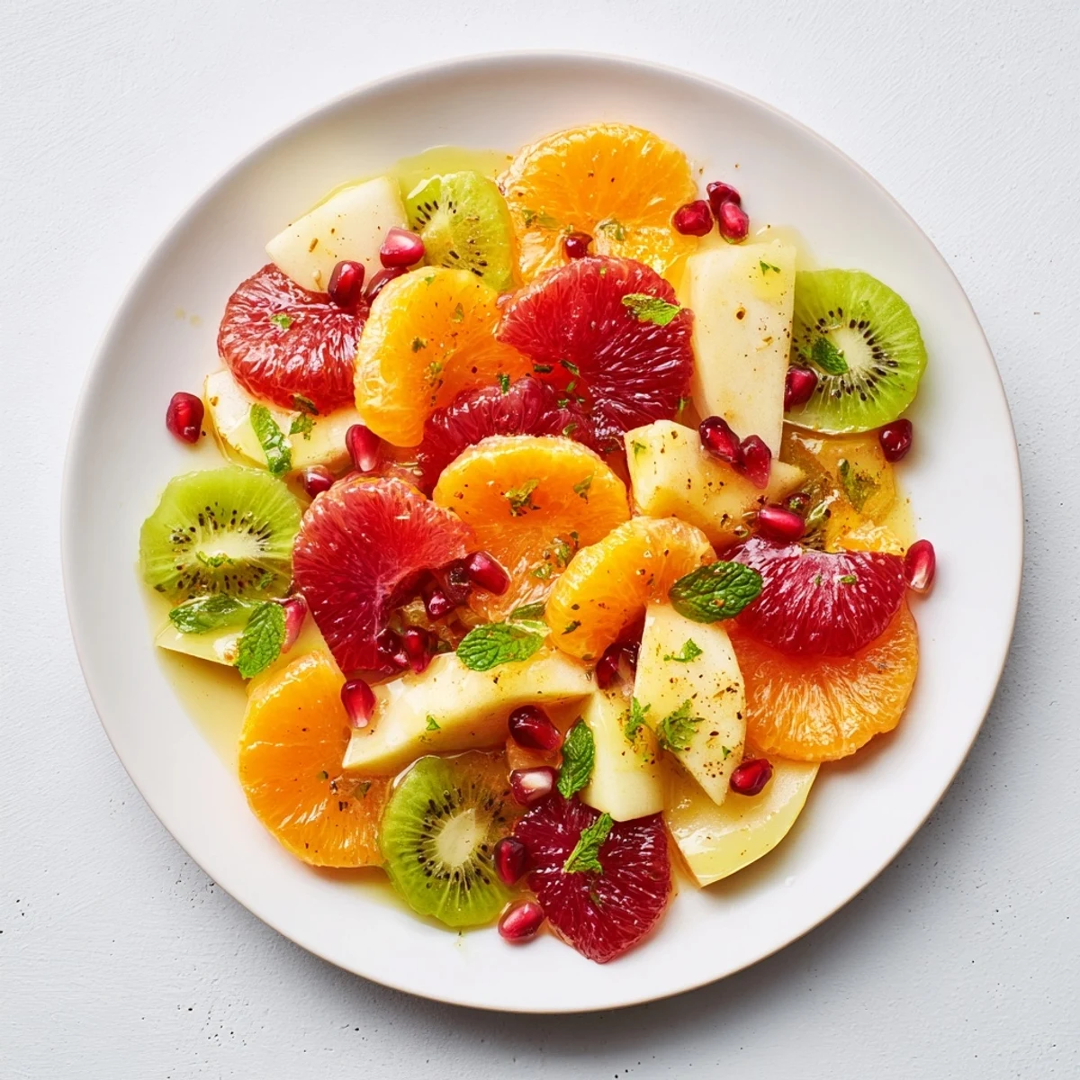 Vibrant winter fruit salad with honey lime dressing, a colorful and refreshing bowl of juicy fruits.