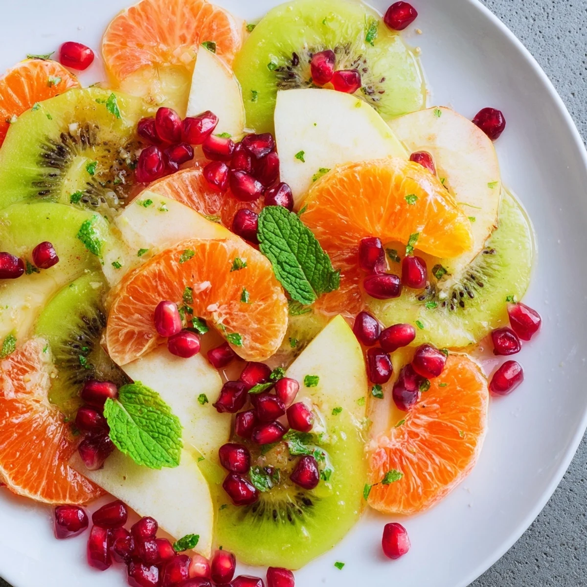 Tangy honey lime dressing coats the winter fruit salad, offering a sweet and citrusy burst of flavor.