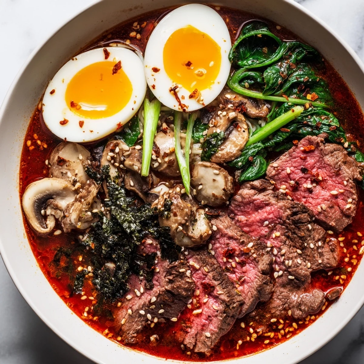 A close-up of a bowl of delicious Spicy Beef Ramen, garnished with fresh herbs and sesame seeds.