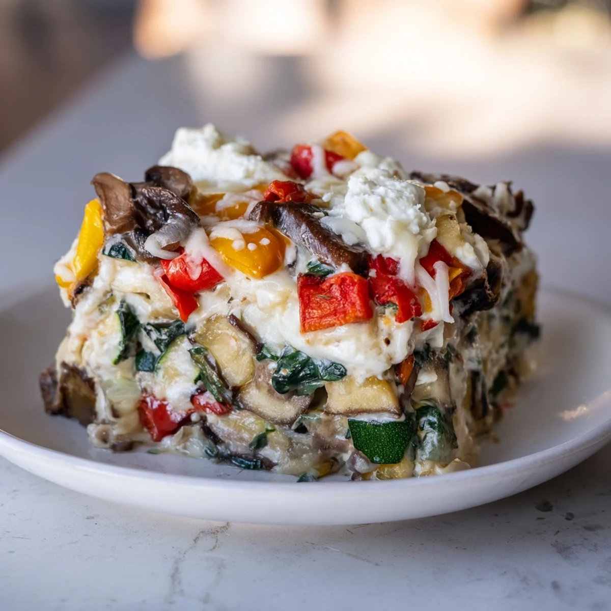 Roasted Vegetable Lasagna with creamy white sauce, overflowing with colorful roasted vegetables and melted cheese.