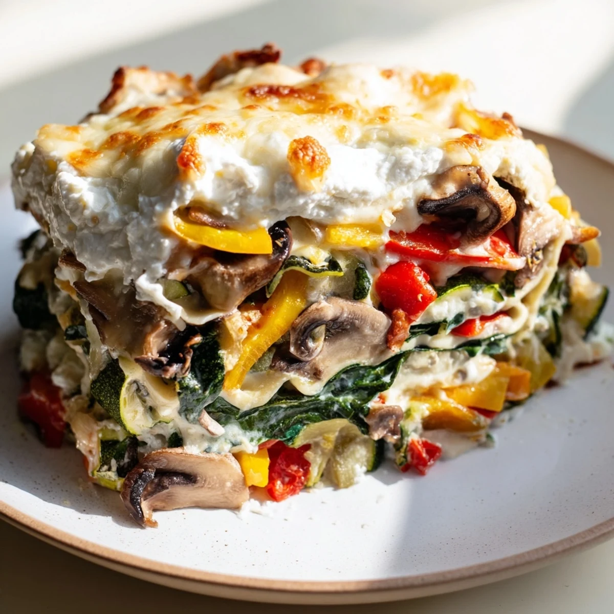 A steaming, cheesy square of Roasted Vegetable Lasagna, the picture showcasing its layered goodness and flavors.