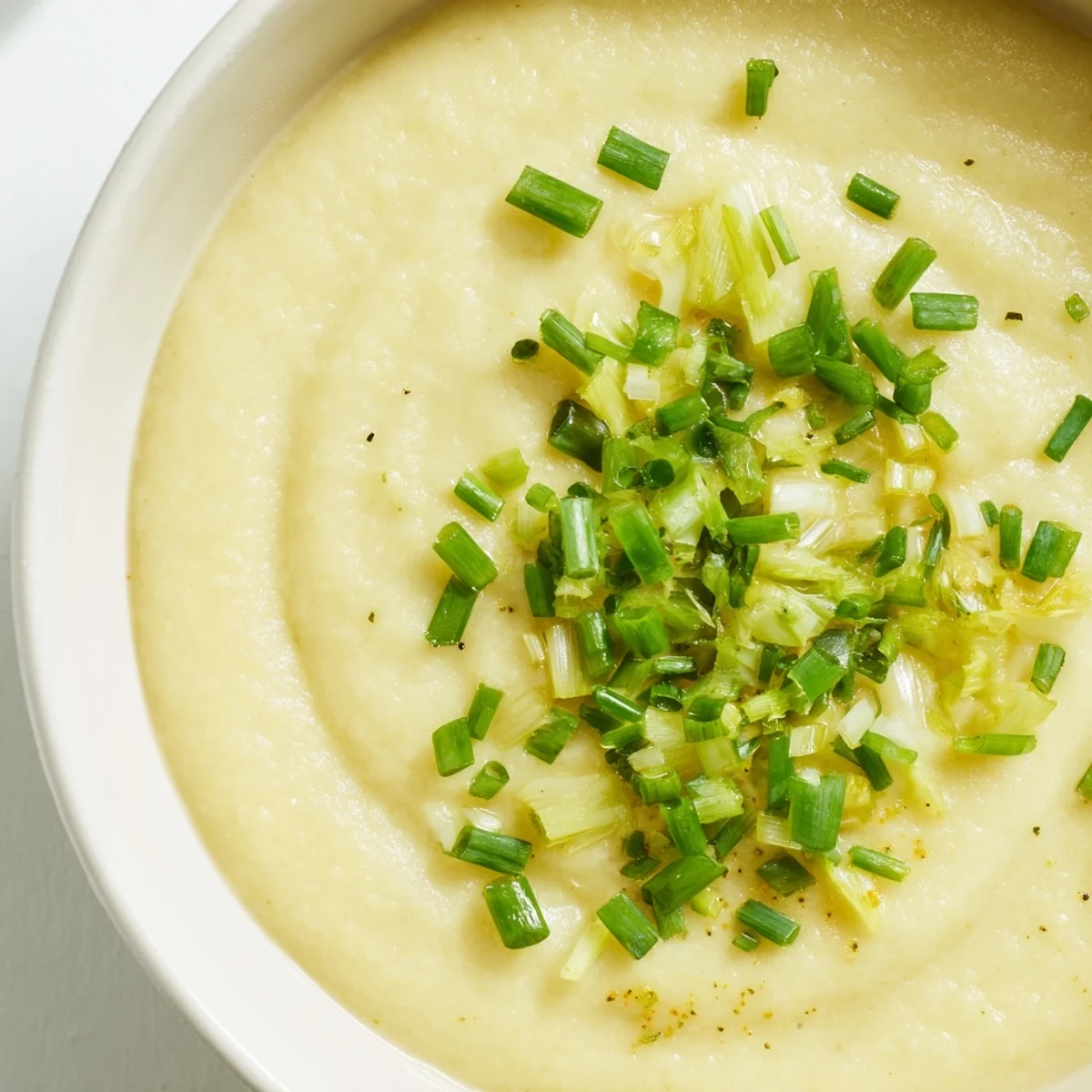 Steaming bowl of creamy potato leek soup, garnished with fresh chives, ready to enjoy.