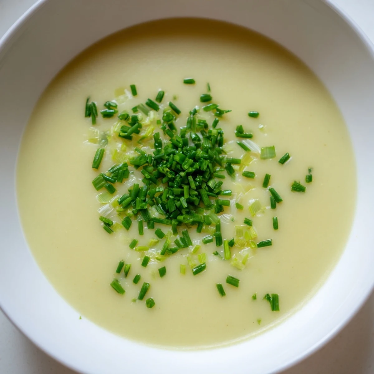 Thick, pureed creamy potato leek soup in a bowl, showcasing its smooth texture and color.