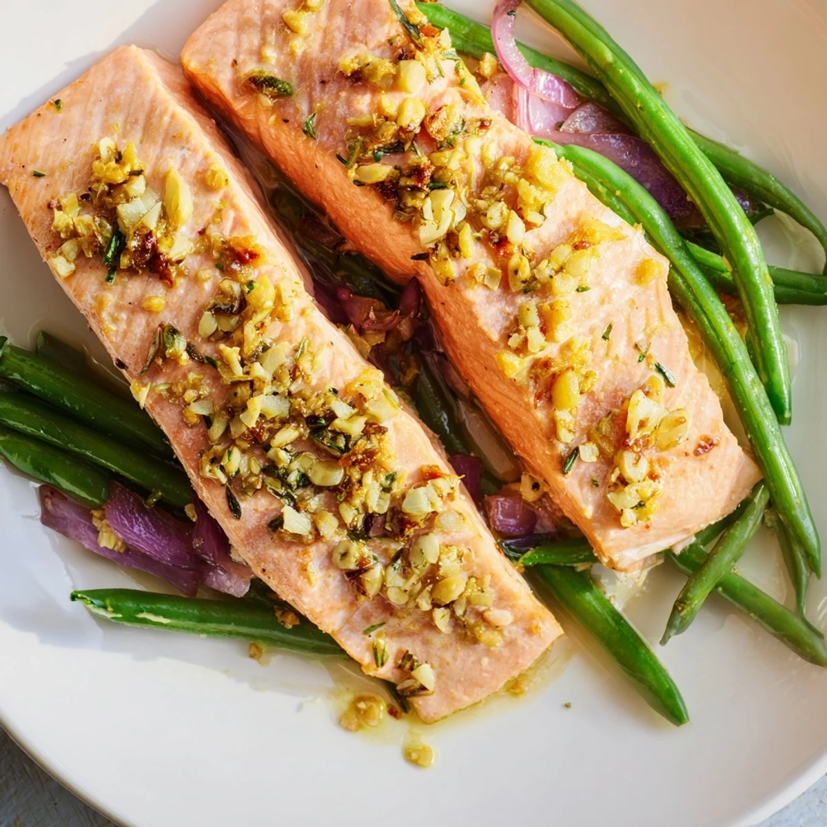 Flaky Sheet Pan Salmon and Green Beans, perfectly roasted with garlic and vibrant green beans for dinner.