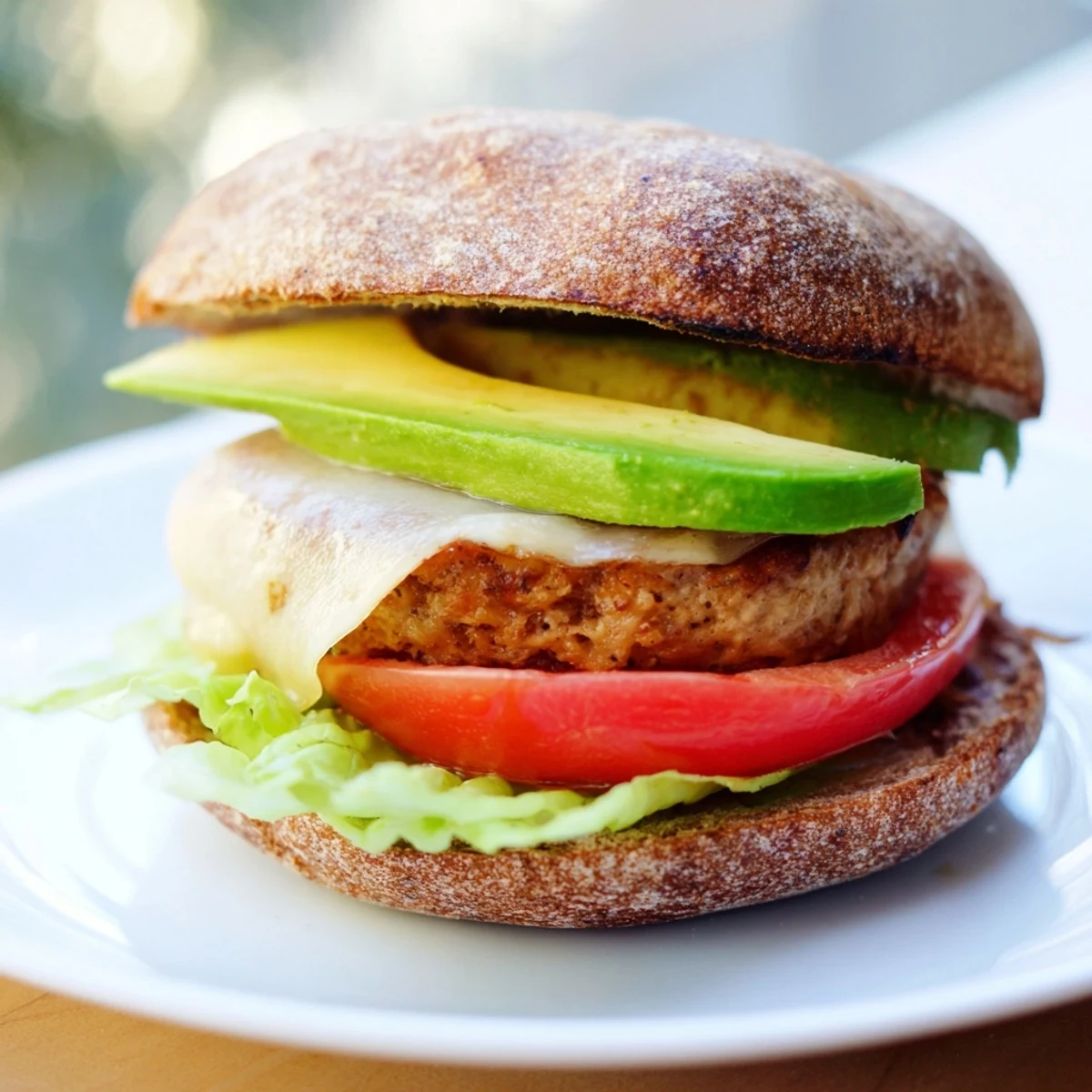 A perfectly grilled turkey burger with melted Swiss, ripe avocado, and fresh lettuce.