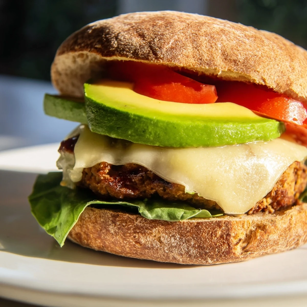 Deliciously stacked turkey burger; a flavorful combination of avocado, Swiss cheese, and fresh tomato.