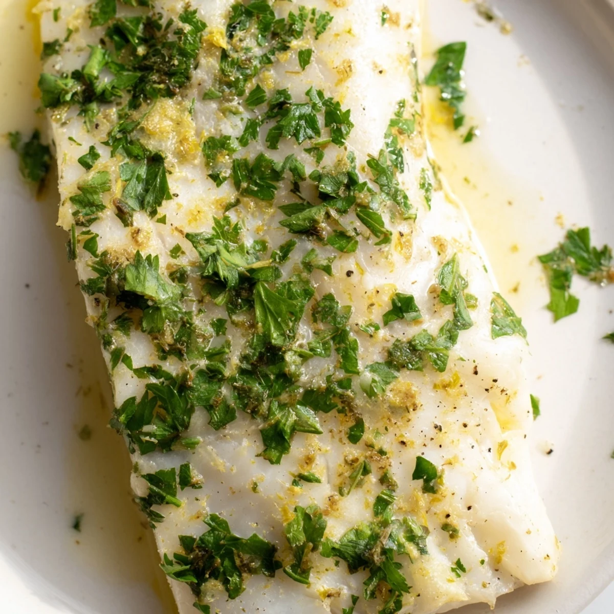 Flaky baked halibut with garlic, steaming on a plate, ready to be enjoyed with a squeeze of lemon.
