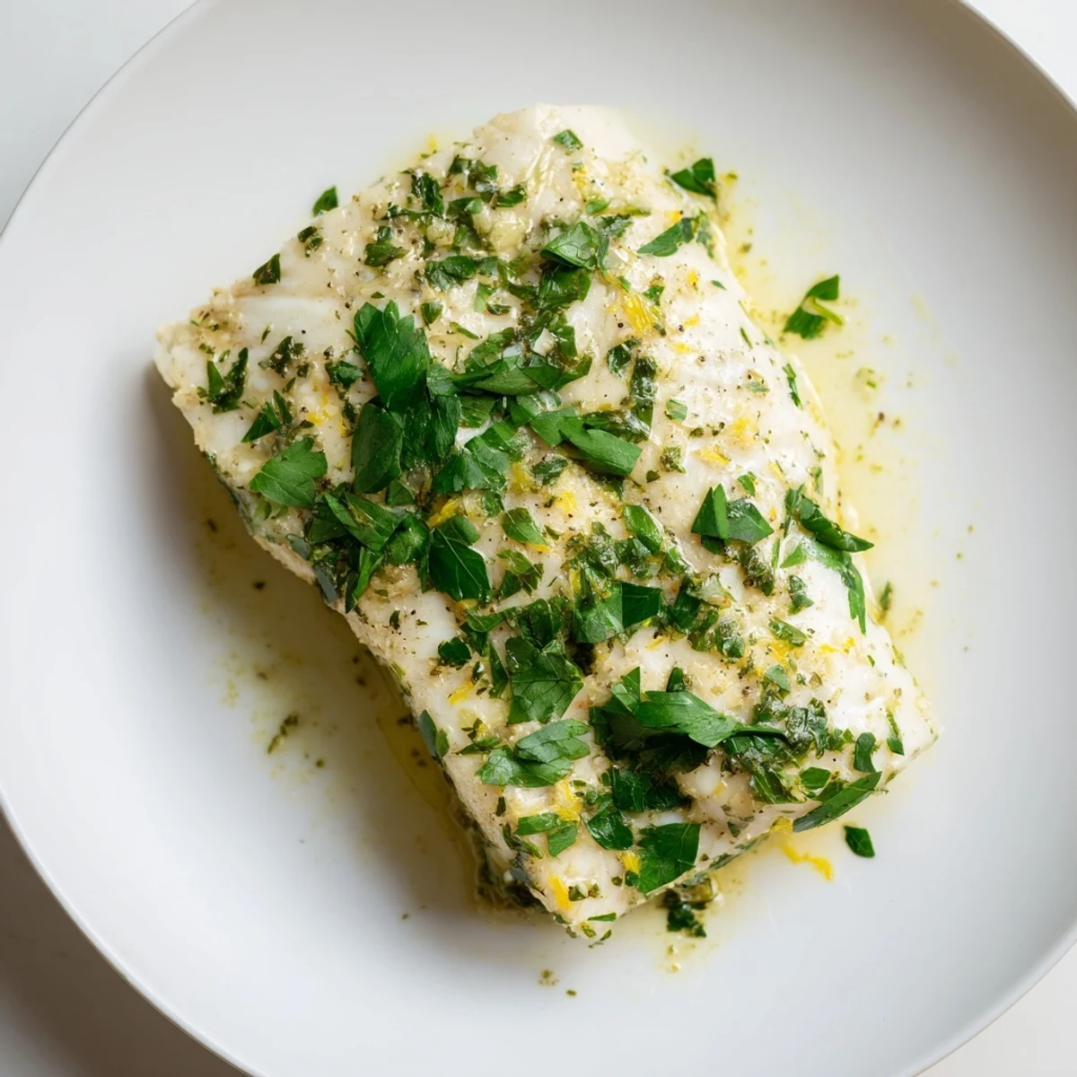 Perfectly cooked baked halibut, infused with garlic and herbs, showcasing its tender, white flesh.