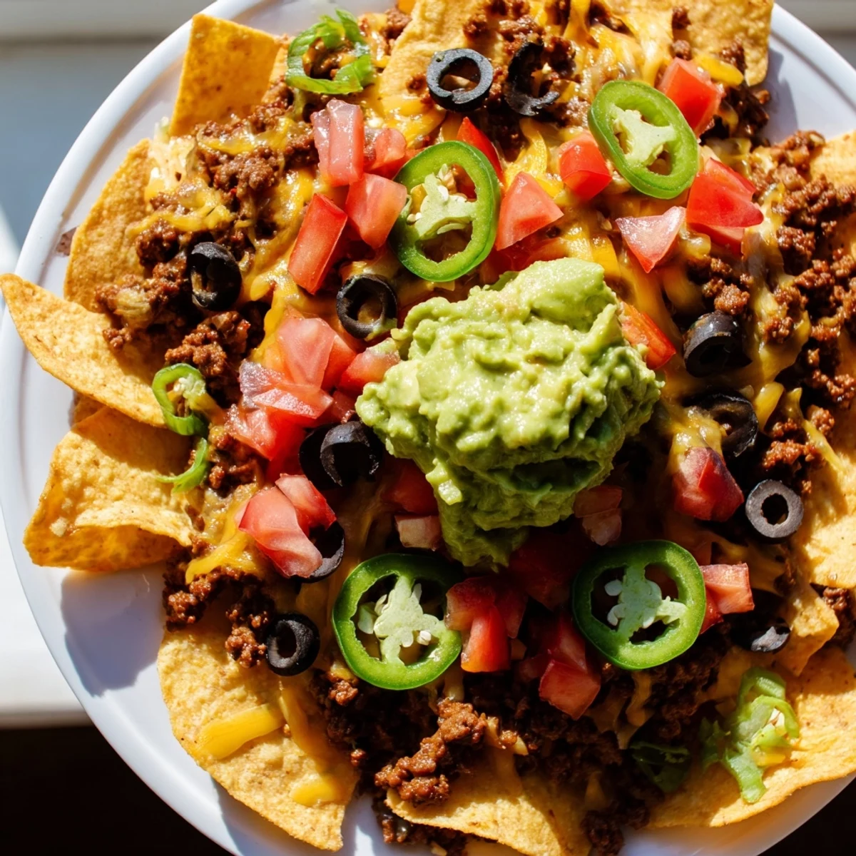 Golden cheesy Beef Nachos with fresh guacamole, perfect for game day or a flavorful appetizer.