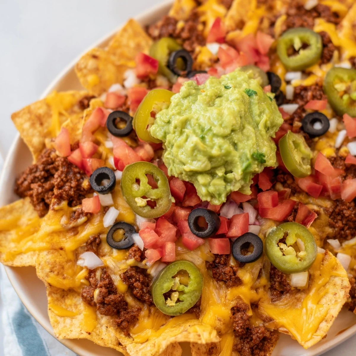 A close-up of Beef Nachos, featuring seasoned ground beef, melted cheese, and creamy guacamole.