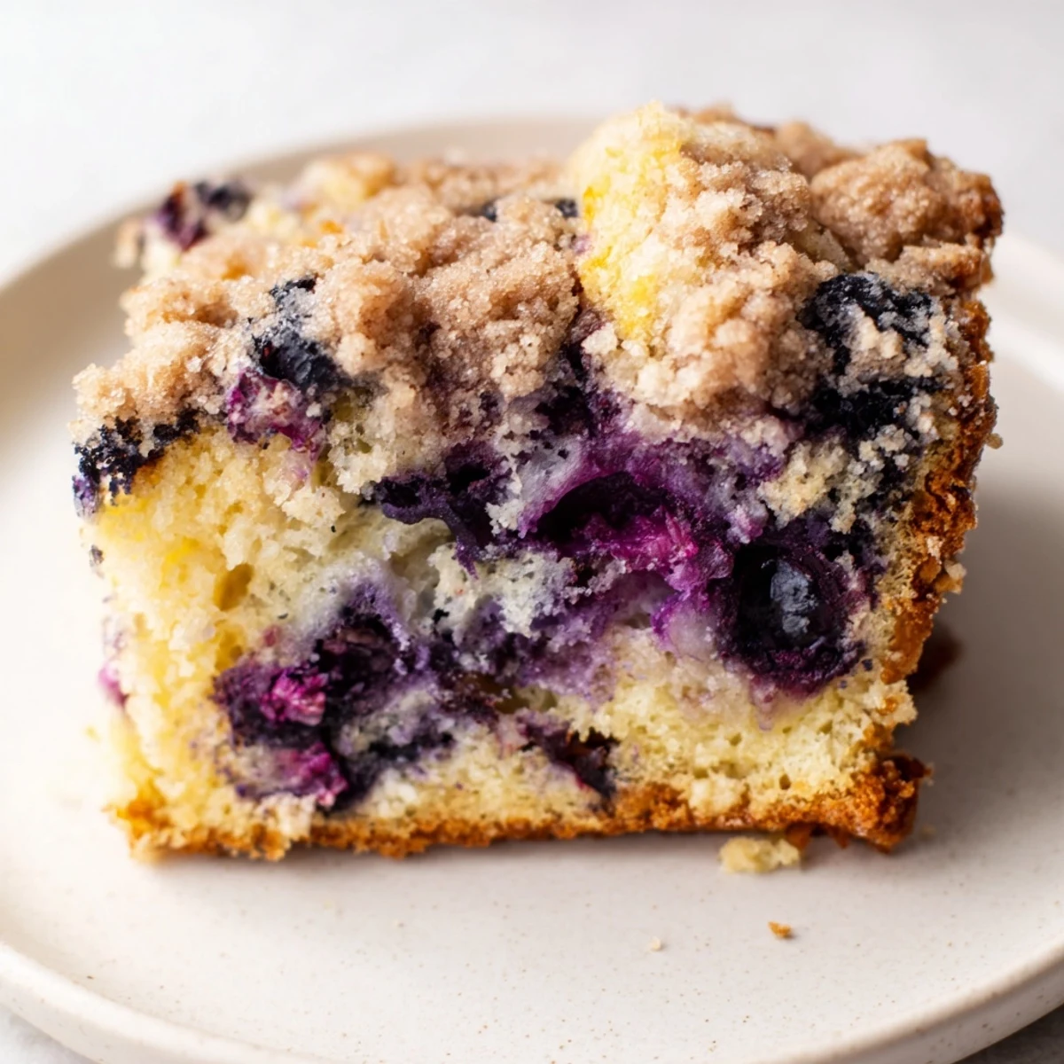 A close-up of a warm, fluffy Lemon Blueberry Coffee Cake, perfect for breakfast with coffee.