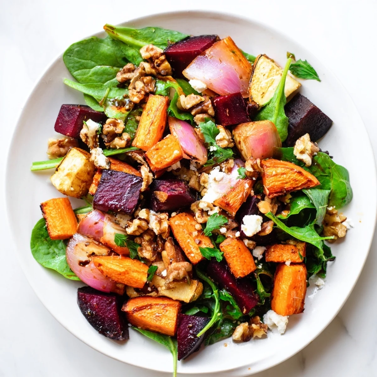Hearty roasted root vegetable salad with vibrant colors and warm, caramelized vegetables tossed.