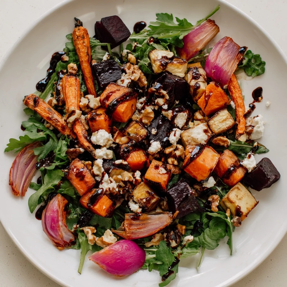 A lovely close-up of the roasted root vegetable salad: warm veggies over fresh greens.