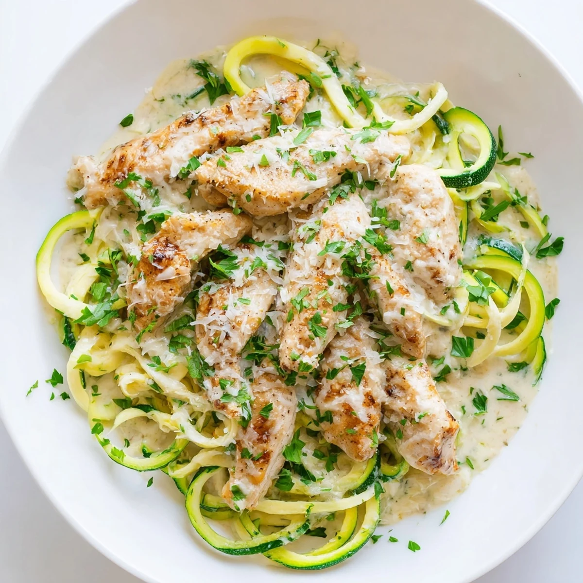 Sizzling skillet of chicken Alfredo with zucchini noodles, smelling delicious and ready to serve.