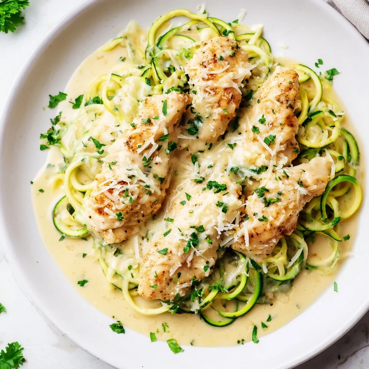 Creamy chicken Alfredo with zucchini noodles and fresh parsley, a comforting gluten-free meal.