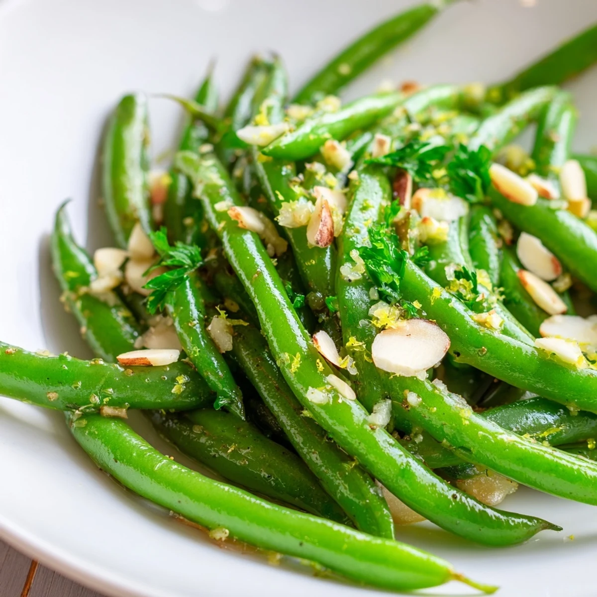 Close-up shot shows fresh Lemon Garlic Green Beans, drizzled with lemon juice and olive oil.