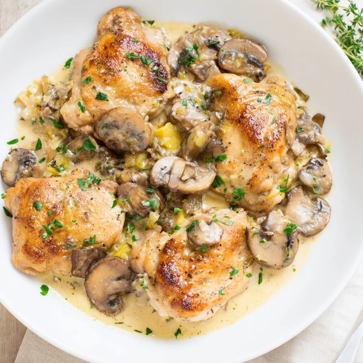 Creamy mushroom chicken skillet with tender chicken in a rich, flavorful, creamy sauce.