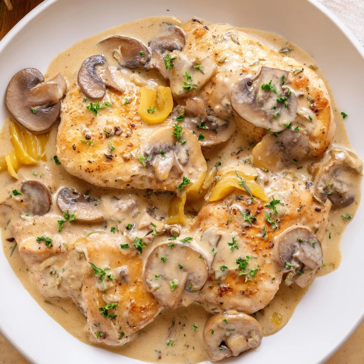 Sizzling creamy mushroom chicken skillet, a comforting American dish with mushrooms and herbs.