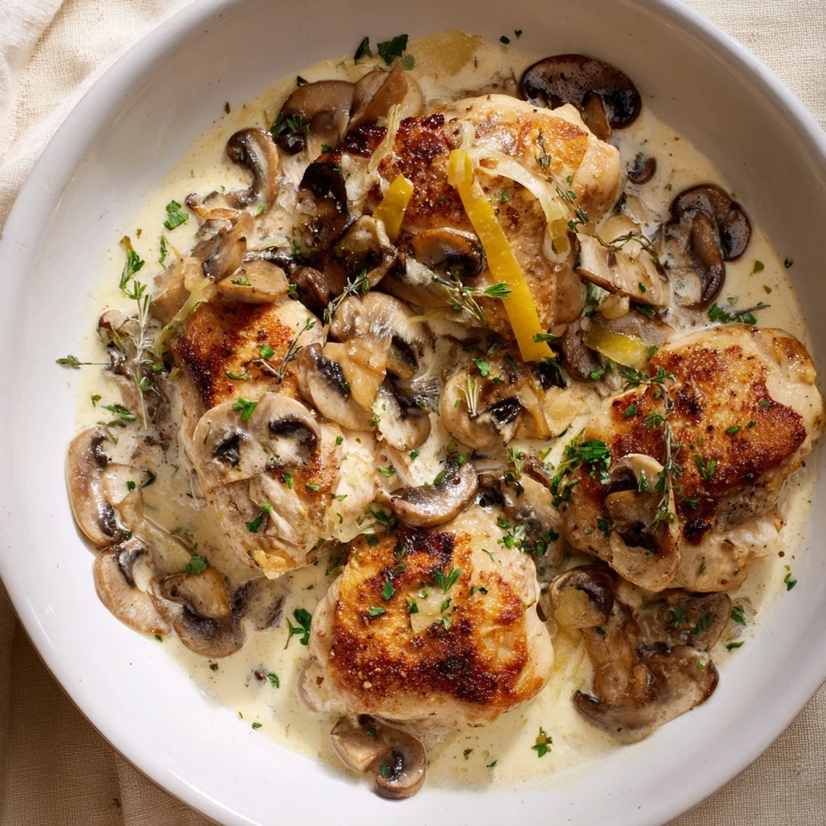 Enjoy the delicious aroma of this creamy mushroom chicken skillet, perfectly served over rice.