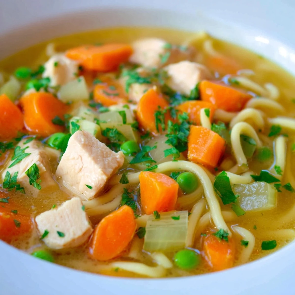 Steaming bowl of Chicken Noodle Soup with veggies, featuring tender chicken, and vibrant carrots, ready to eat.
