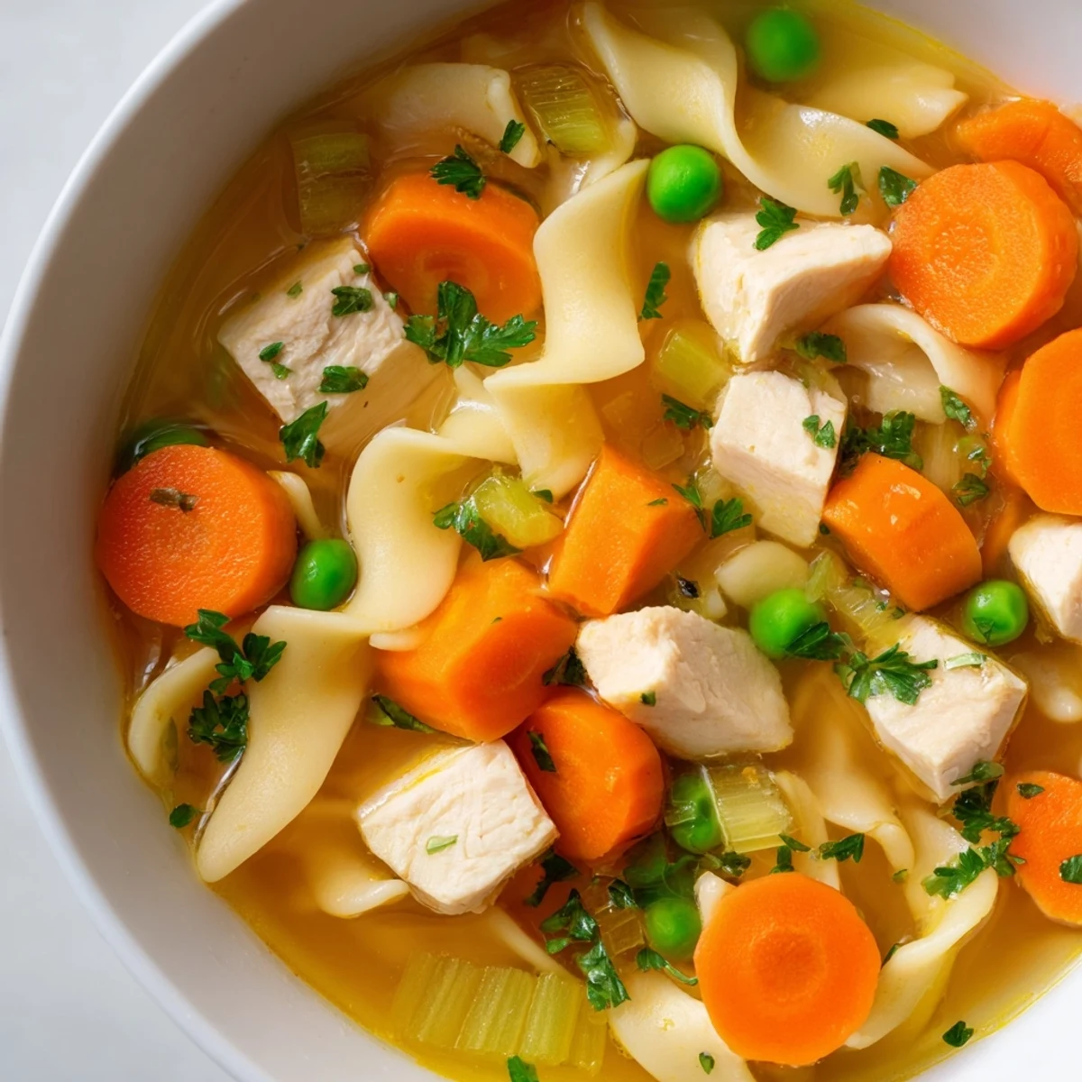 Close-up of a hearty Chicken Noodle Soup brimming with noodles, carrots, and juicy chicken pieces, perfect for a cozy dinner.