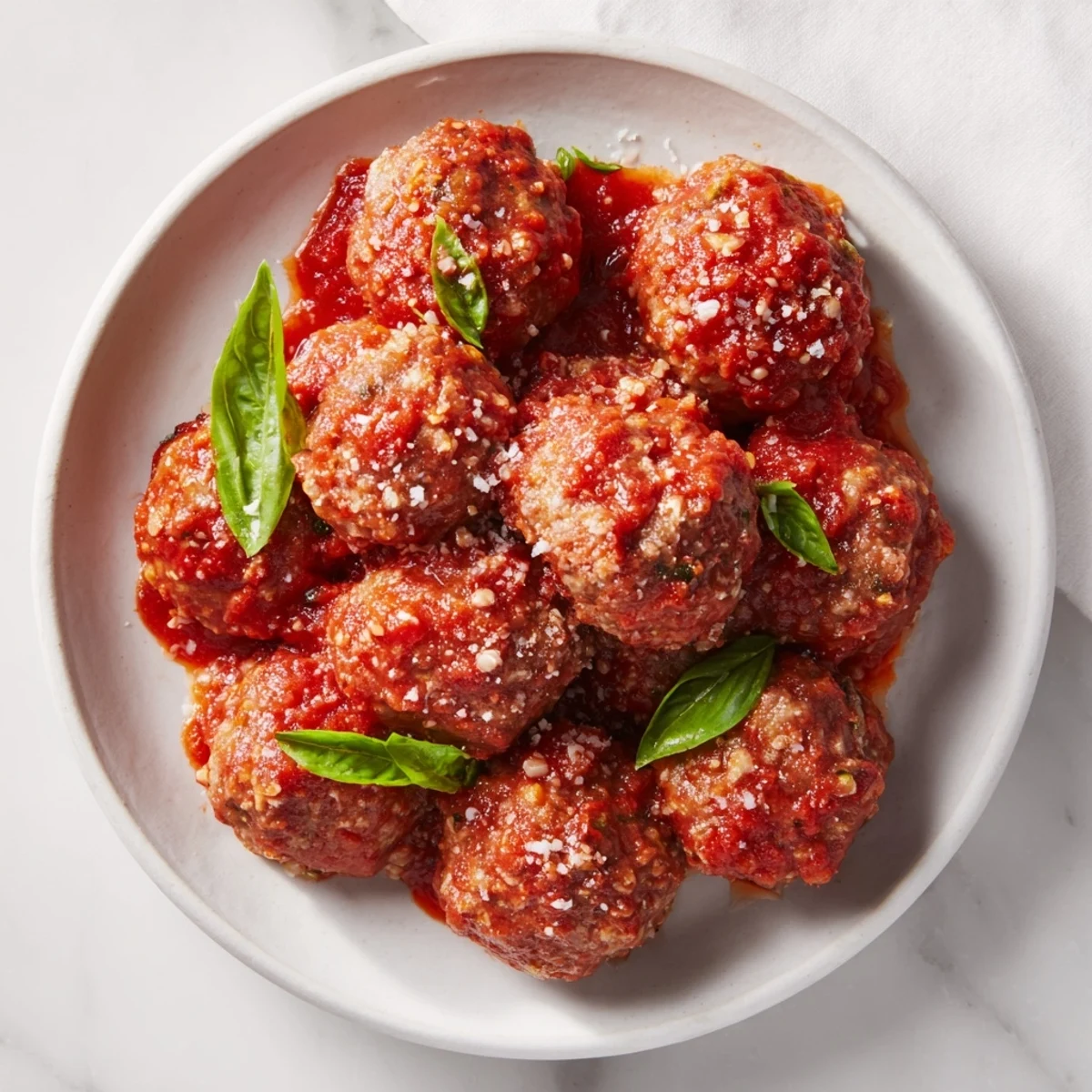 Juicy turkey meatballs swimming in bright red marinara sauce, ready to serve over pasta.