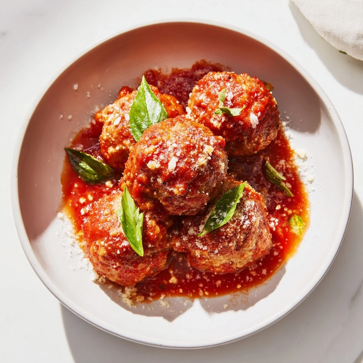 A close-up of steaming turkey meatballs with marinara, garnished with fresh basil leaves.