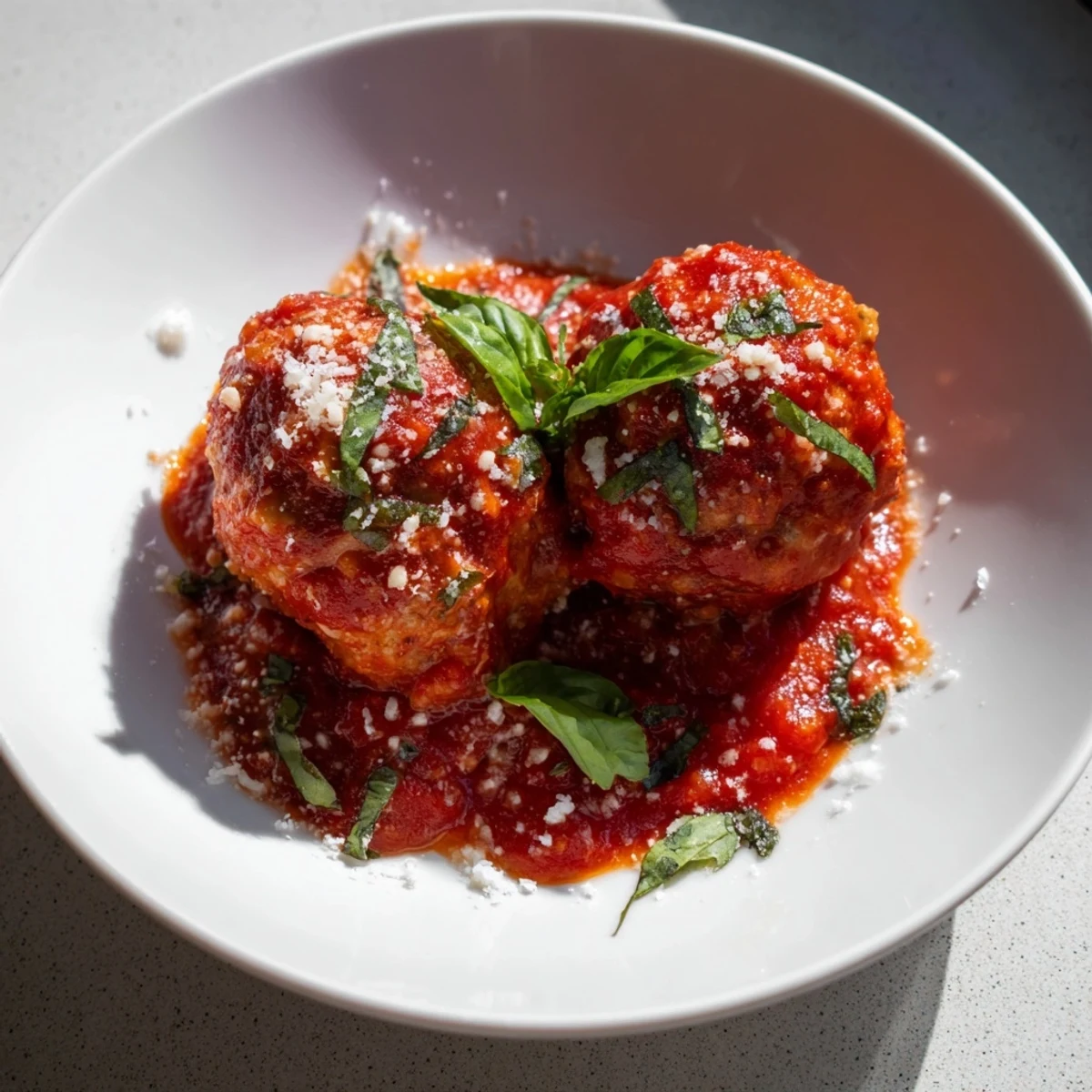 Hearty Italian-American dish: perfectly browned turkey meatballs nestled in flavorful marinara.