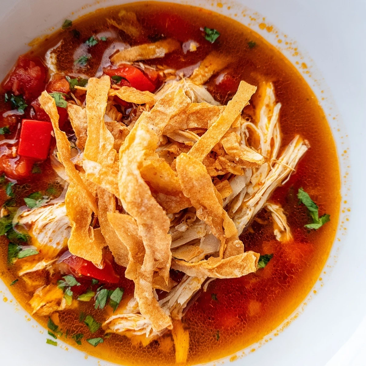 Chicken tortilla soup with vibrant red broth, black beans, and golden tortilla strips for a satisfying crunch.