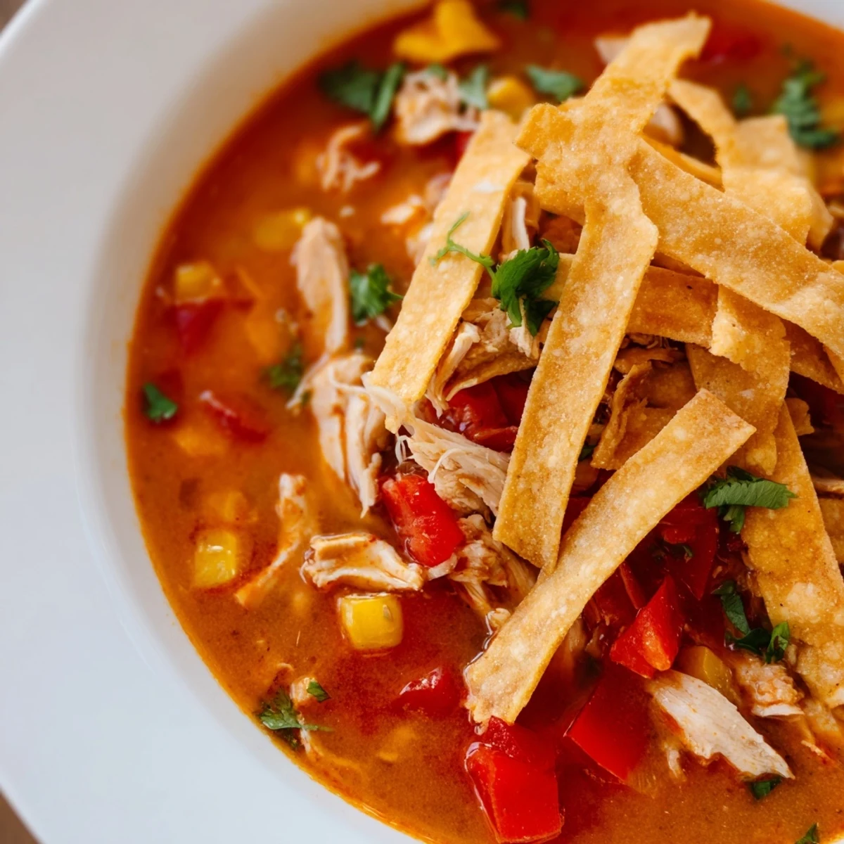 Steaming bowl of homemade chicken tortilla soup topped with avocado, fresh cilantro, and crunchy baked tortilla strips. 