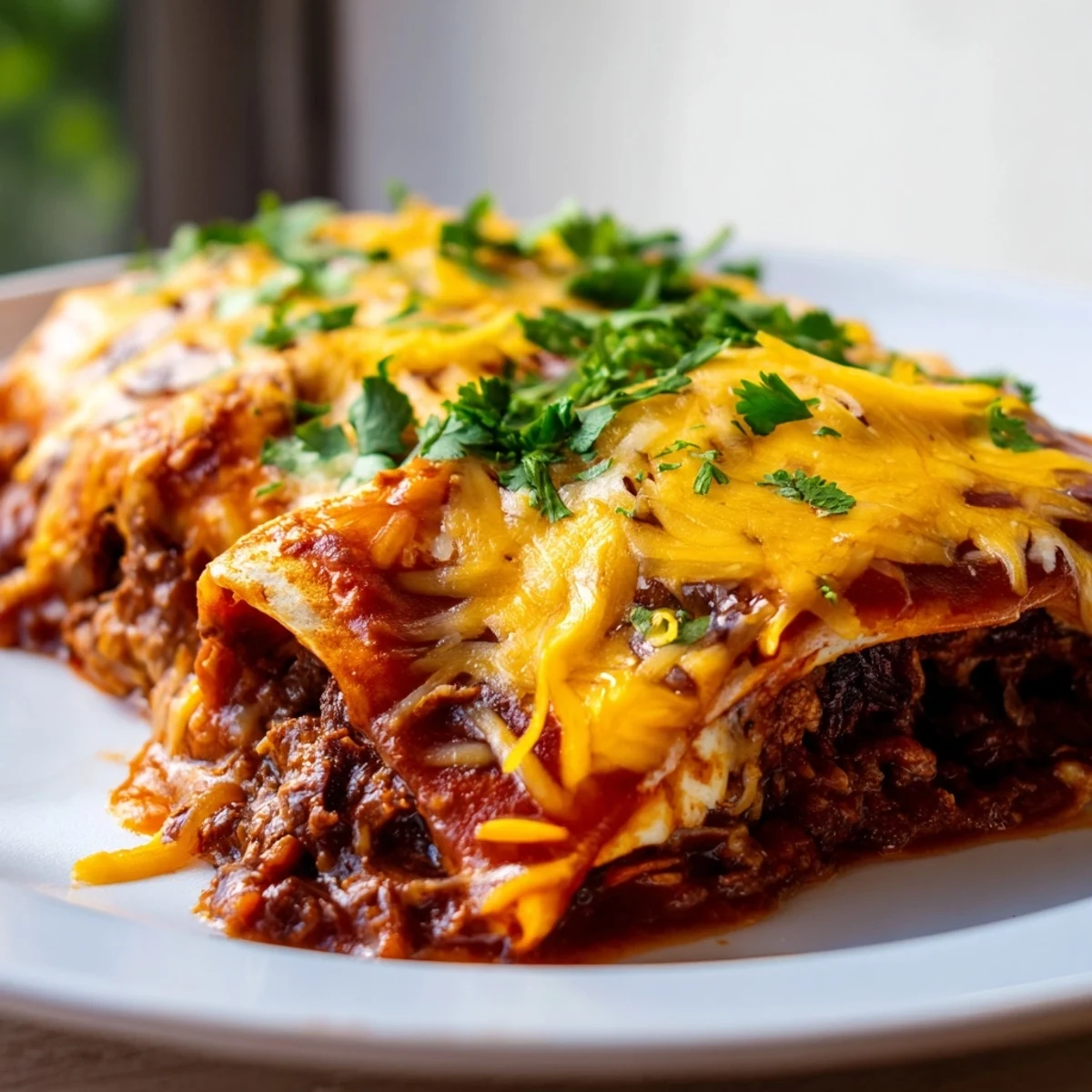 Freshly baked Beef Enchiladas with Red Enchilada Sauce, garnished with cilantro and melted cheese, served hot.