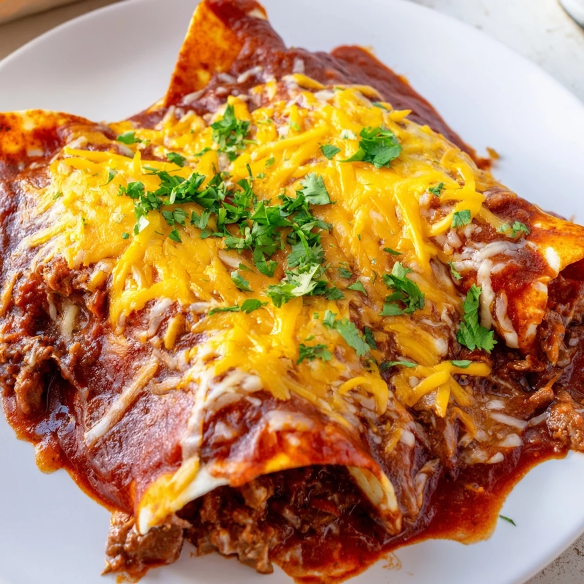 Golden-brown Beef Enchiladas with Red Enchilada Sauce, topped with fresh cilantro on a dinner plate.