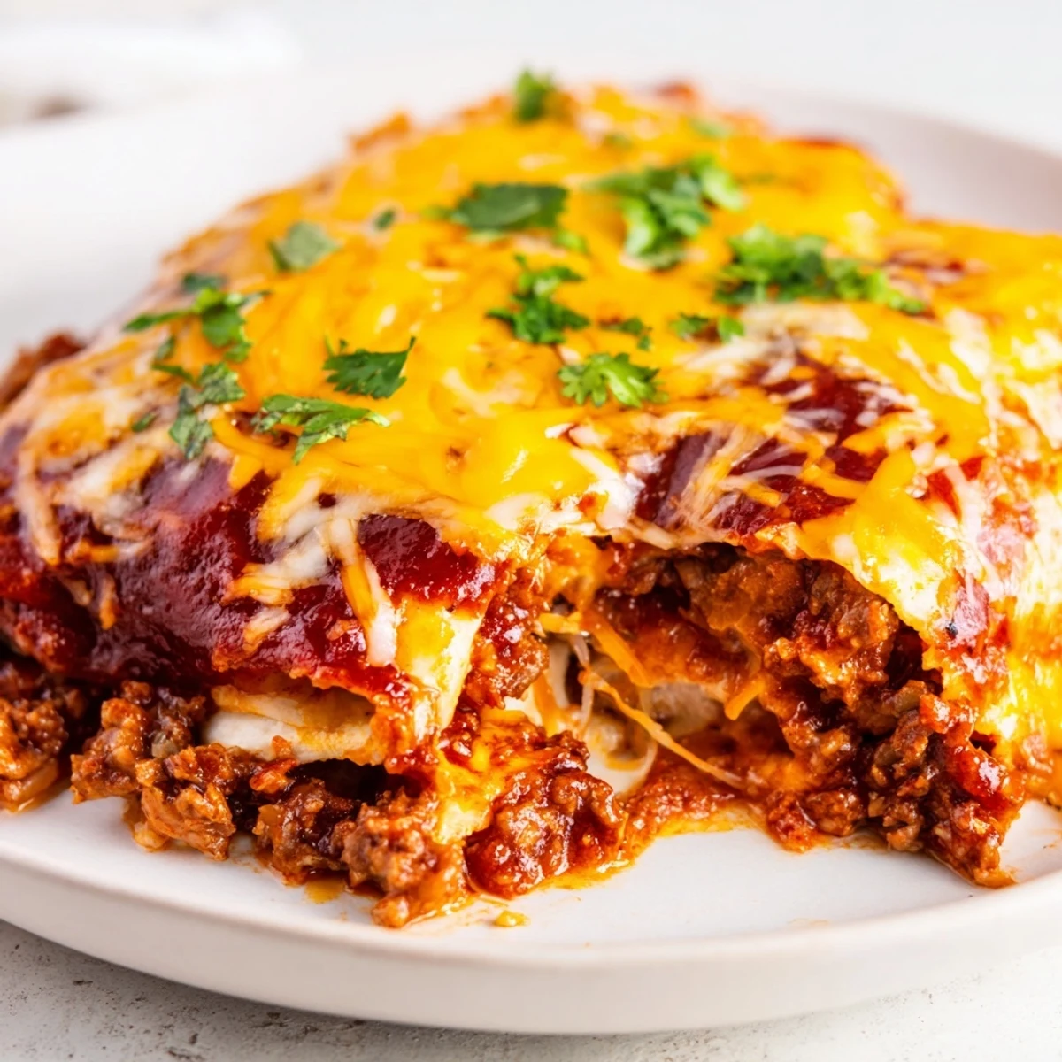 Bubbling homemade red enchilada sauce and melty cheddar cheese smother beef-filled tortillas, ready to serve.