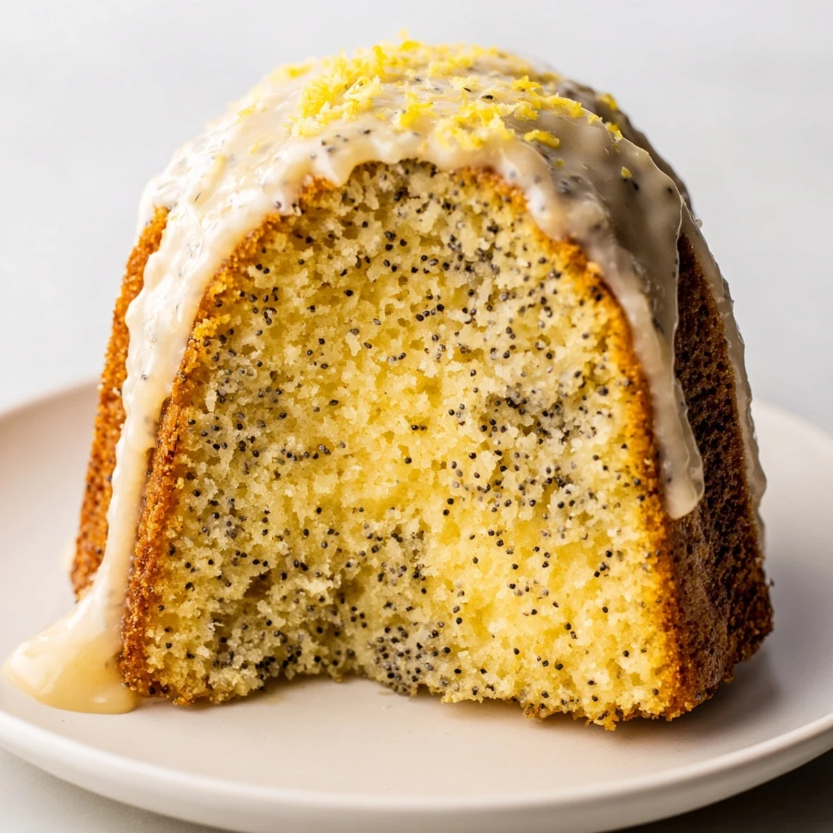 Freshly baked Lemon Poppy Seed Bundt Cake glistening with lemon glaze, cut to show moist poppy seed crumb.