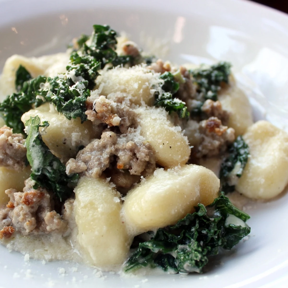 A rustic skillet of Creamy Gnocchi with Turkey Sausage and Kale next to crusty bread for dinner.