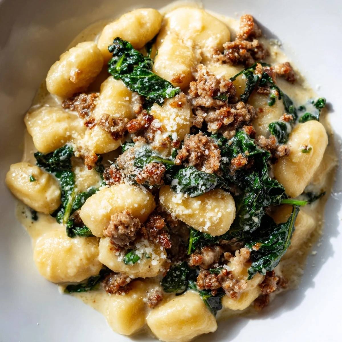 Creamy Gnocchi with Turkey Sausage and Kale served warm in a white bowl with fresh grated parmesan.