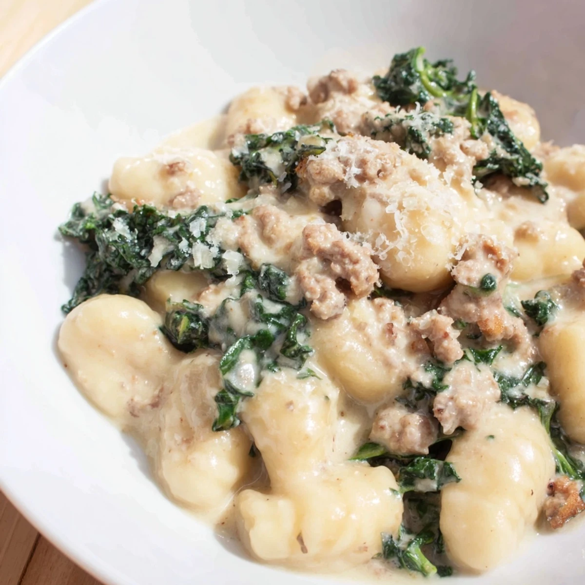 Close-up of Creamy Gnocchi with Turkey Sausage and Kale highlighting creamy parmesan sauce and wilted greens.